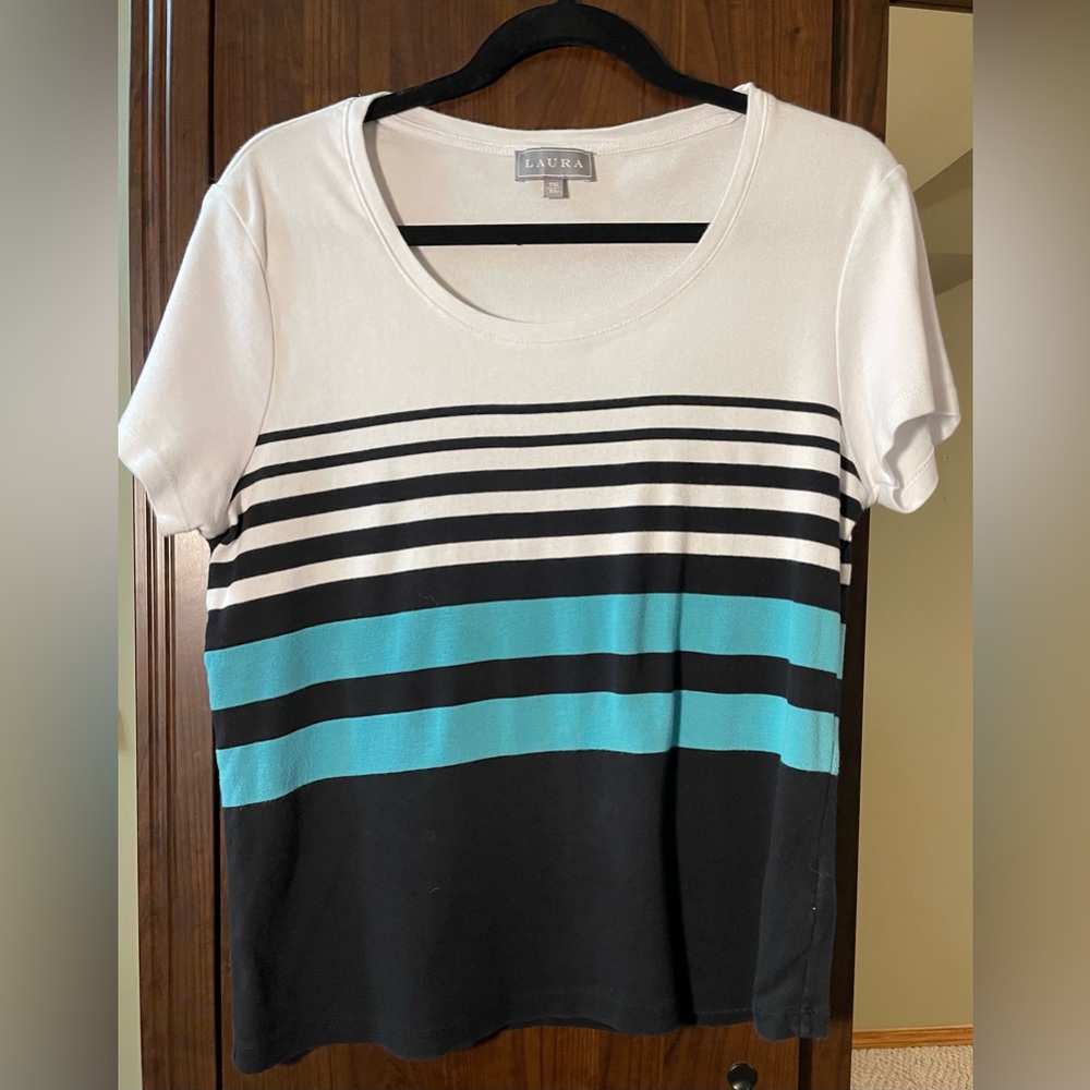 Cotton Laura striped shirt sleeve tshirt white, teal and navy